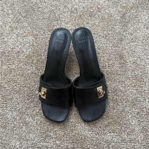 Black Leather Mini Heel Sandals